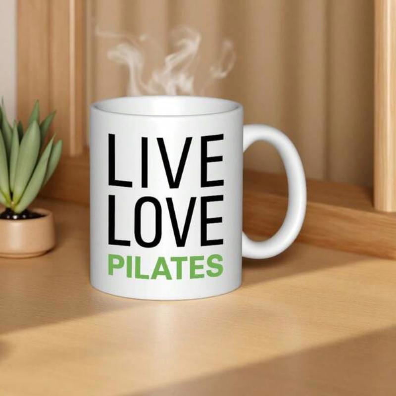 Tailorly White Ceramic 11 oz Mug - Live Love Pilates Motivational Fitness Quote Featuring Bold Black And Green Minimalist Lettering Quote