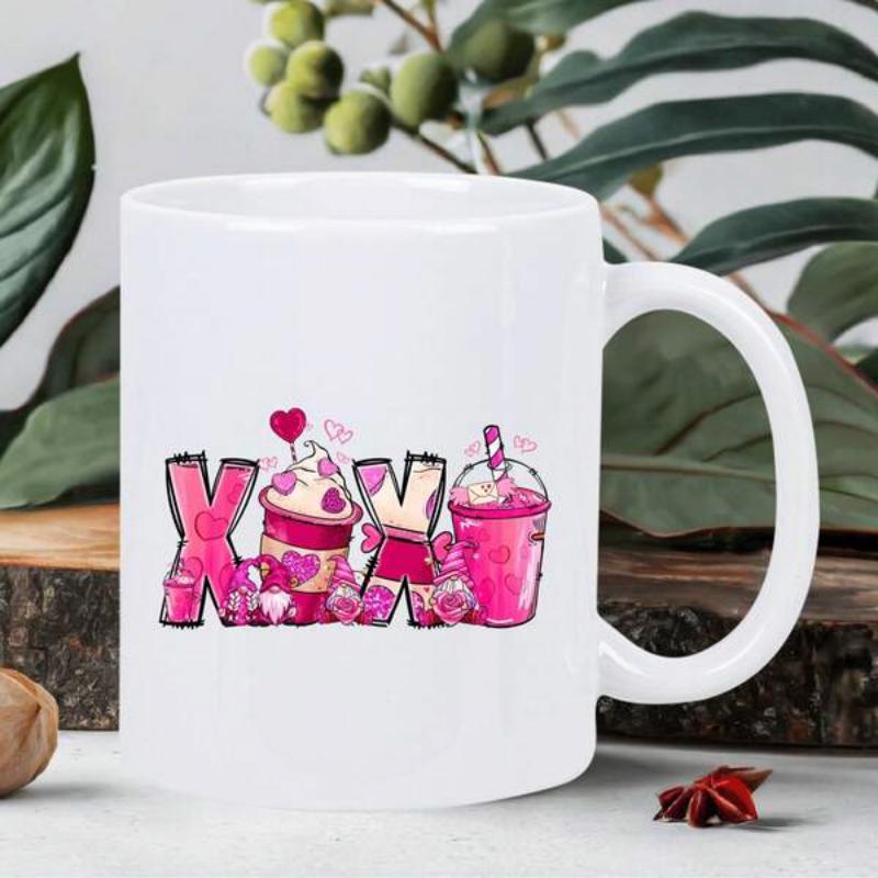 Tailorly White Ceramic 11 oz Mug - XOXO Vibrant Pink Watercolor Hearts With Sweet Cupcake And Refreshing Cold Drink Mug