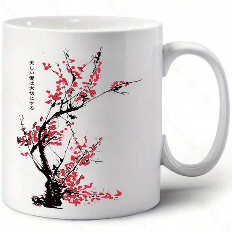 Tailorly White Ceramic 11 oz Mug - Elegant Ink Painted Branch With Delicate Pink Petals Blooming Cherry Blossom