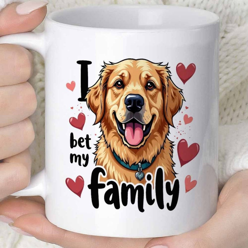 Tailorly White Ceramic 11 oz Mug - I Bet My Family Happy Golden Retriever Head Surrounded By Multiple Small Red Love Hearts Dog