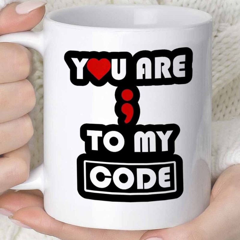 Tailorly White Ceramic 11 oz Mug - You Are To My Code Bold Minimalist Programming Symbol With Heart And Artistic Punctuation Semicolon
