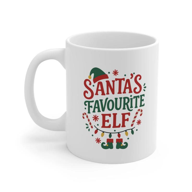 Tailorly White Ceramic 11 oz Mug - Santas Favourite Elf Festive Christmas Illustration With Candy Canes And Decorative String Lights Elf