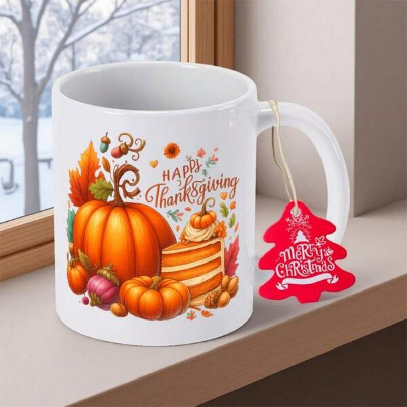 Tailorly White Ceramic 11 oz Mug - Happy Thanksgiving Vibrant Orange Pumpkins With Autumn Leaves And A Delicious Slice Of Cake Pumpkin
