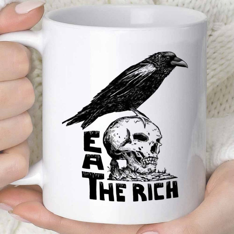 Tailorly White Ceramic 11 oz Mug - Eat The Rich Dark Gothic Style Raven Perched Upon A Detailed Human Skull Raven