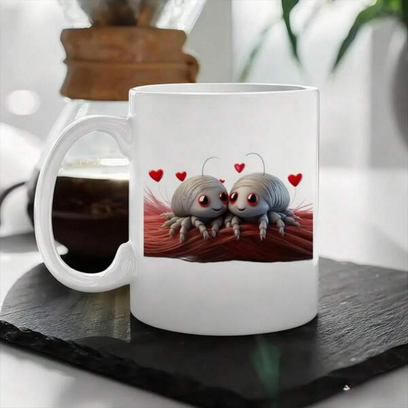Tailorly White Ceramic 11 oz Mug - Adorable Cartoon Insects Sharing Love Among Small Floating Red Hearts Isopod