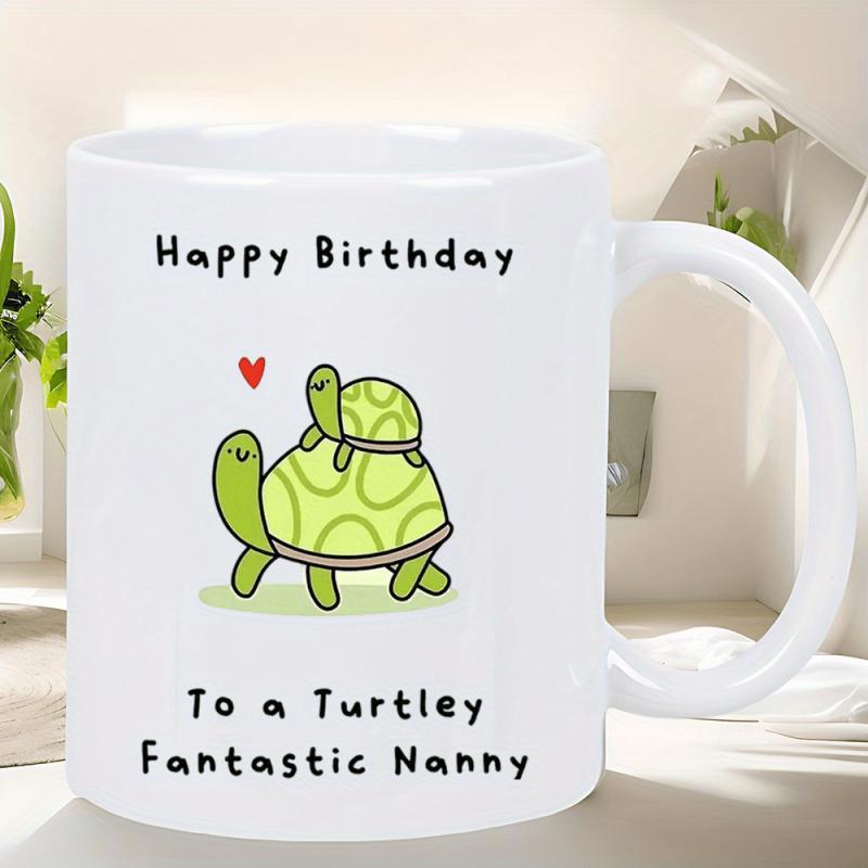 Tailorly White Ceramic 11 oz Mug - Happy Birthday To A Turtley Fantastic Nanny Cute Mother And Baby Cartoon Animals Stacking Together Under Heart Turtle