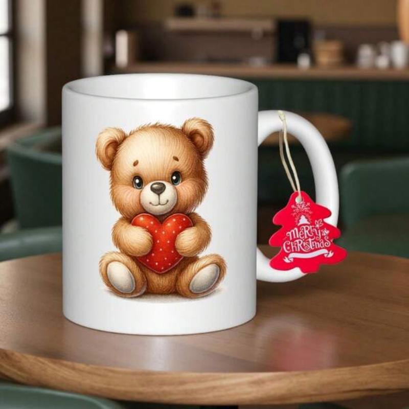 Tailorly White Ceramic 11 oz Mug - Merry Christmas Adorable Soft Brown Furry Bear Holding A Sweet Red Strawberry Heart Teddy Bear