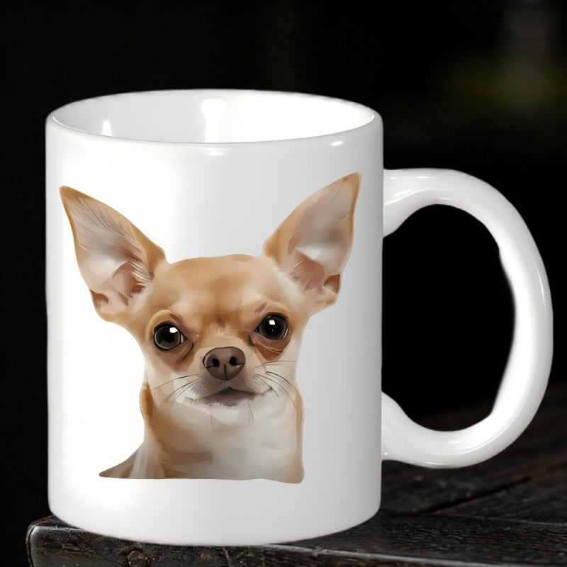 Tailorly White Ceramic 11 oz Mug - Adorable Realistic Tan Puppy Portrait With Large Ears And Curious Eyes Chihuahua