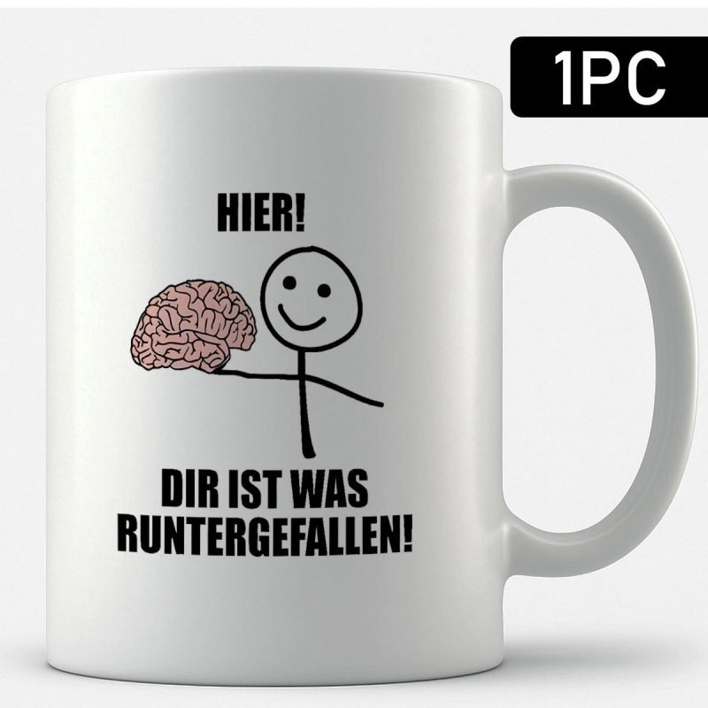 Tailorly White Ceramic 11 oz Mug - Simple Stickman Character Holding A Realistic Pink Human Brain In Hand Stickman