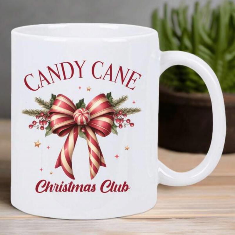 Tailorly White Ceramic 11 oz Mug - Candy Cane Christmas Club Festive Red Striped Bow Featuring Green Pine Branches And Berries Bow
