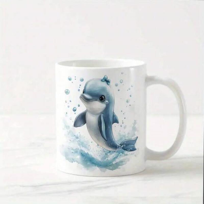 Tailorly White Ceramic 11 oz Mug - Adorable Little Blue Dolphin Splashing Through Ocean Waves With Gentle Water Bubbles Dolphin