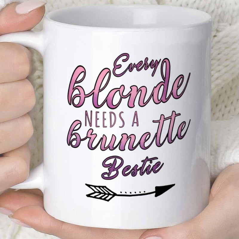 Tailorly White Ceramic 11 oz Mug - Every Blonde Needs A Brunette Bestie Simple Black Decorative Horizontal Hand Drawn Directional Style Arrow