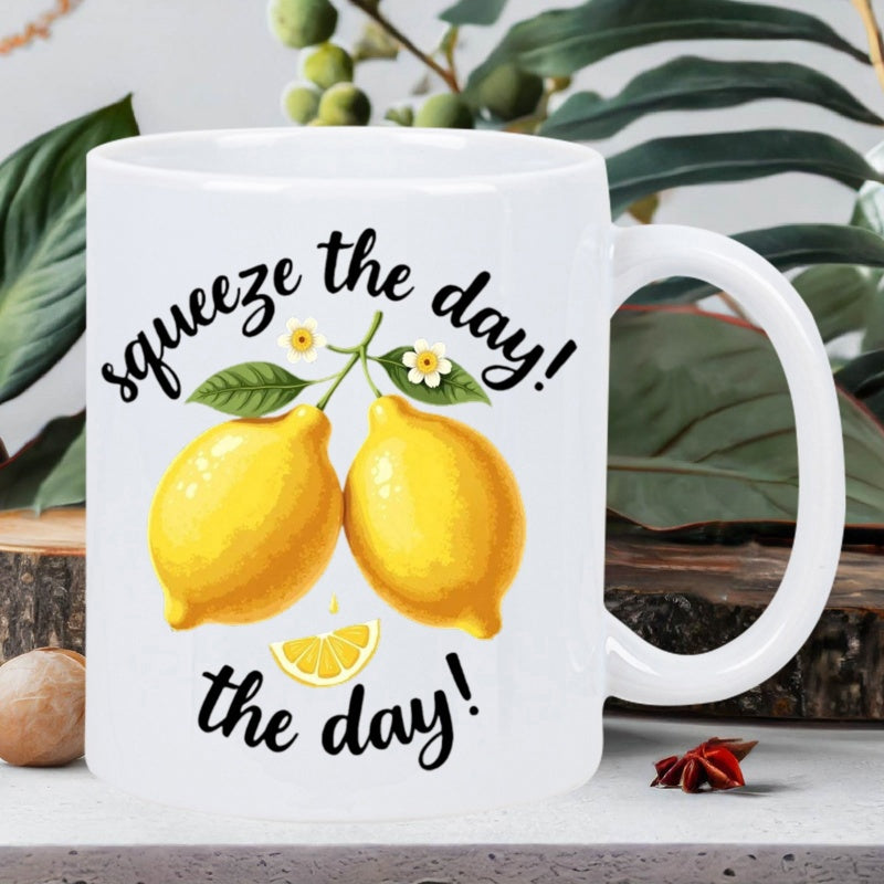 Tailorly White Ceramic 11 oz Mug - Squeeze The Day Vibrant Yellow Lemons Hanging On A Green Leafy Branch With Flowers Lemon