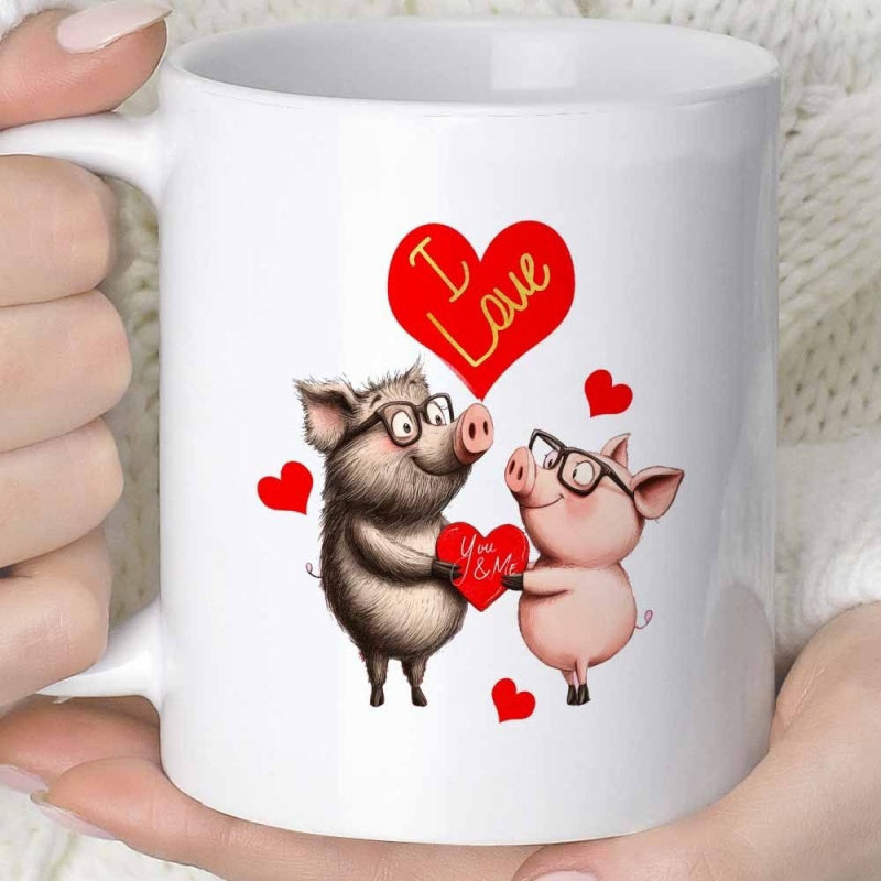 Tailorly White Ceramic 11 oz Mug - I Love You Charming Cartoon Pigs Wearing Glasses And Holding A Glowing Crimson Heart Pig