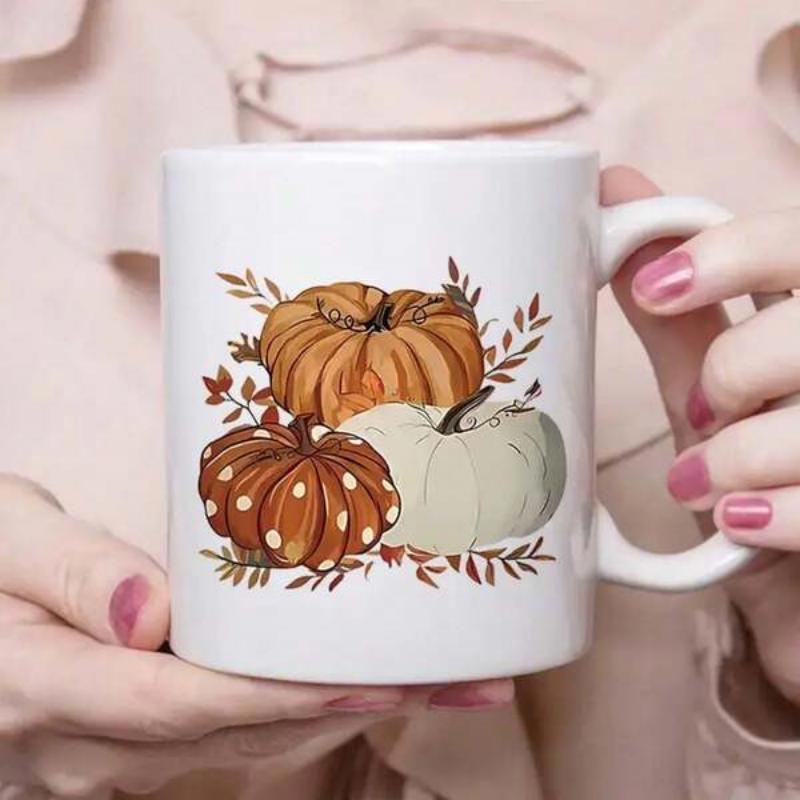 Tailorly White Ceramic 11 oz Mug - Artistic Watercolor Design Featuring Autumnal Foliage And Multiple Festive Pumpkin