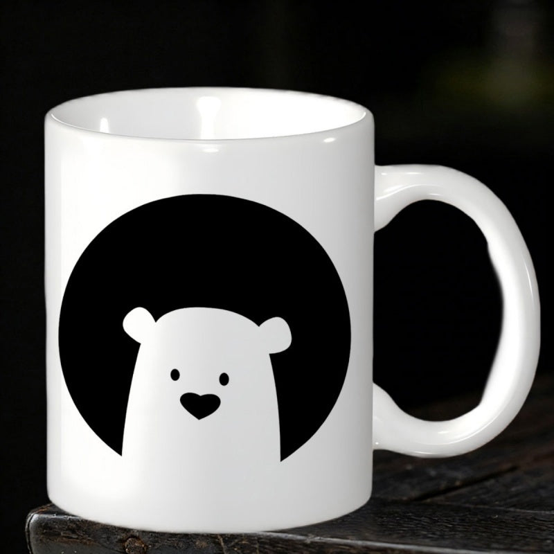 Tailorly White Ceramic 11 oz Mug - Minimalist Style Polar Bear Silhouette Inside A Solid Black Circular Background Bear