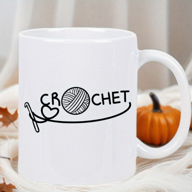 Tailorly White Ceramic 11 oz Mug - Crochet Minimalist Black Line Art Featuring Yarn Ball And Heart Hook Crochet