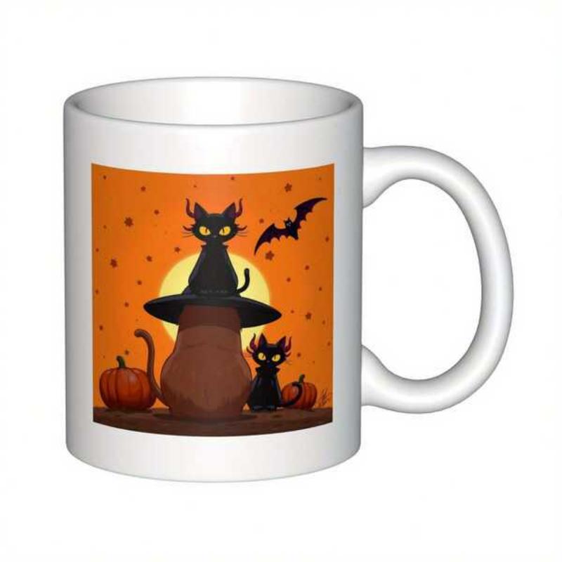 Tailorly White Ceramic 11 oz Mug - Spooky Halloween Scene With Mystical Bats And Glowing Pumpkins Under Full Moon Cat