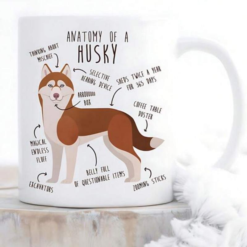 Tailorly White Ceramic 11 oz Mug - Anatomy Of A Husky Standing Brown Canine Graphic Surrounded By Funny Descriptive Text Labels Husky