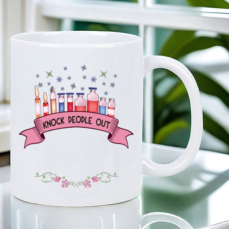 Tailorly White Ceramic 11 oz Mug - Knock People Out Vibrant Colorful Medicine Vials And Sparkles Resting On Decorative Pink Banner Vials
