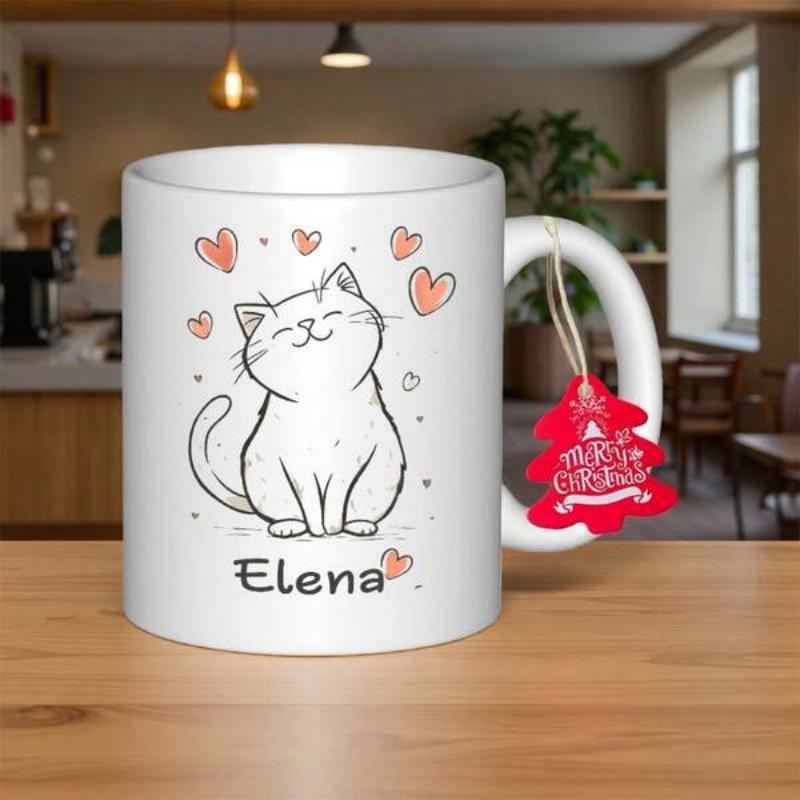 Tailorly White Ceramic 11 oz Mug - Elena Smiling White Sitting Feline With Pink Floating Hearts Decorating The Scene Cat