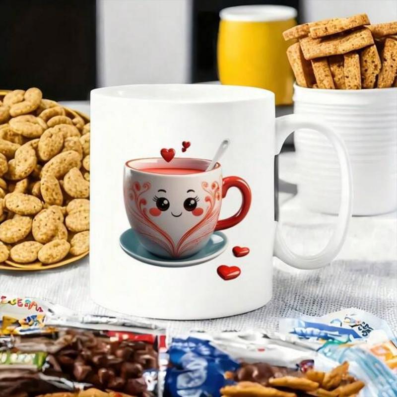 Tailorly White Ceramic 11 oz Mug - Adorable Smiling Cartoon Coffee Mug Filled With Warm Liquid And Hearts Cup