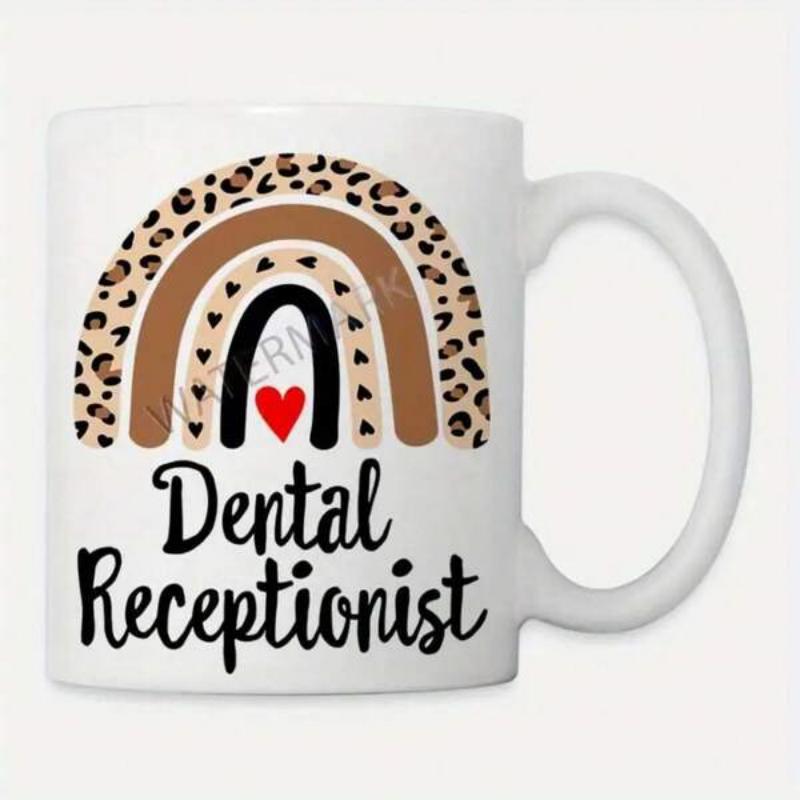 Tailorly White Ceramic 11 oz Mug - Dental Receptionist Leopard Print Boho Pattern Featuring A Small Red Heart Rainbow