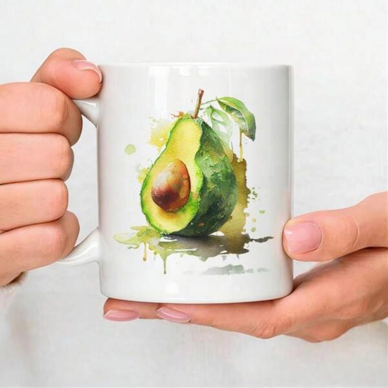 Tailorly White Ceramic 11 oz Mug - Watercolor Style Vibrant Green Healthy Sliced Fruit With Large Pit Avocado