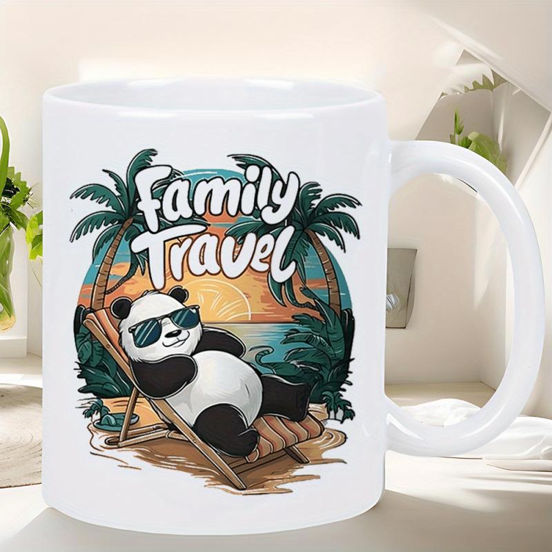 Tailorly White Ceramic 11 oz Mug - Family Travel Tropical Beach Sunset With Palm Trees And Relaxing Sunglasses Wearing Panda