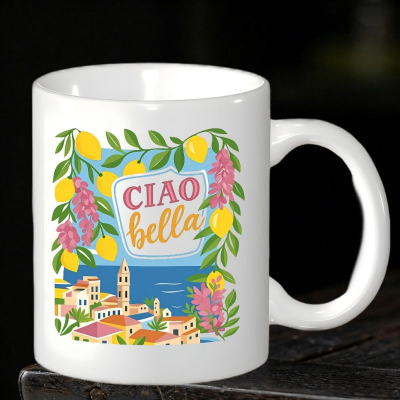 Tailorly White Ceramic 11 oz Mug - Ciao Bella Vibrant Mediterranean Coastal Town With Yellow Lemons And Pink Flowers Village