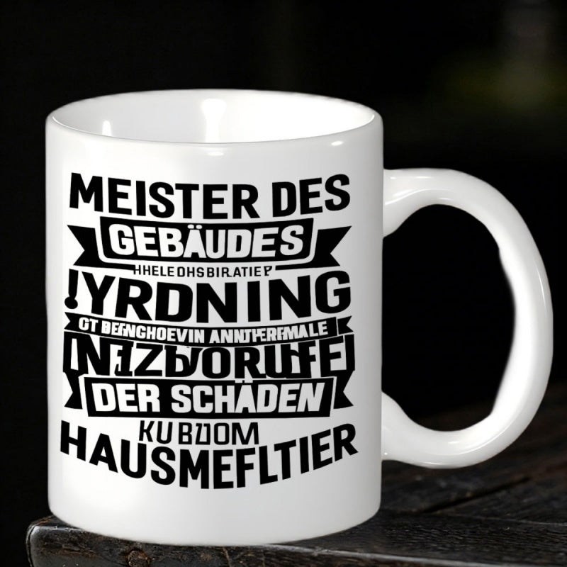 Tailorly White Ceramic 11 oz Mug - Bold Typographic Layout Featuring Stylized German Script On Minimalist