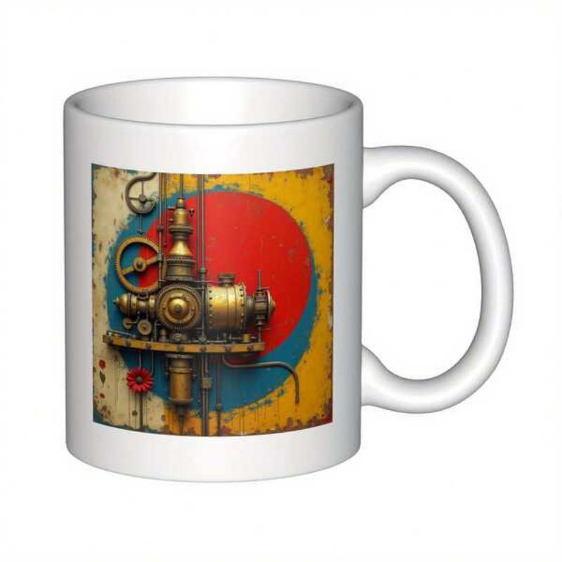 Tailorly White Ceramic 11 oz Mug - Intricate Industrial Gears Featuring Vintage Brass Components Under A Red Sun Machinery