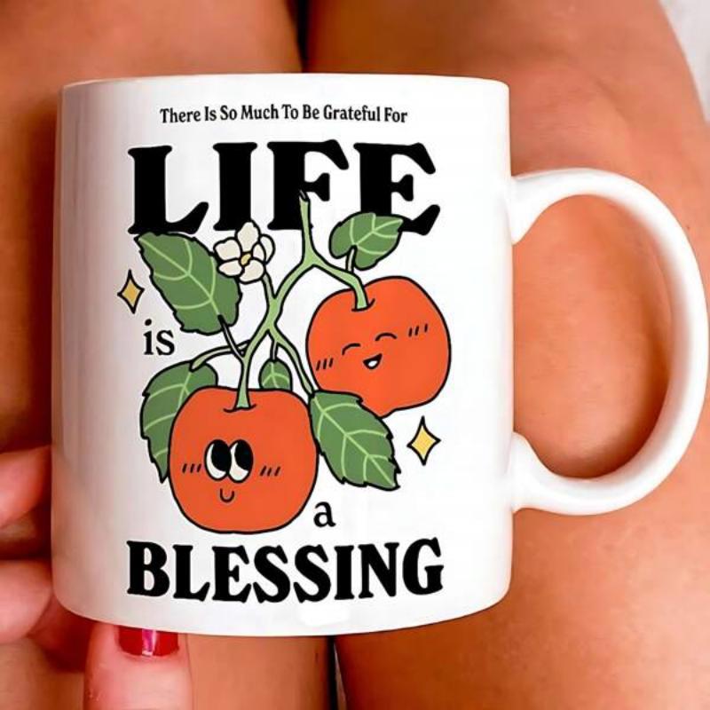 Tailorly White Ceramic 11 oz Mug - There Is So Much To Be Grateful For Life Is A Blessing Two Smiling Cartoon Fruits Hanging From A Leafy Green Branch Orange