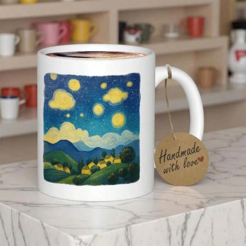 Tailorly White Ceramic 11 oz Mug - Handmade With Love Vibrant Impressionist Painting Of Golden Stars Glowing Over Peaceful Rural Hills Mug