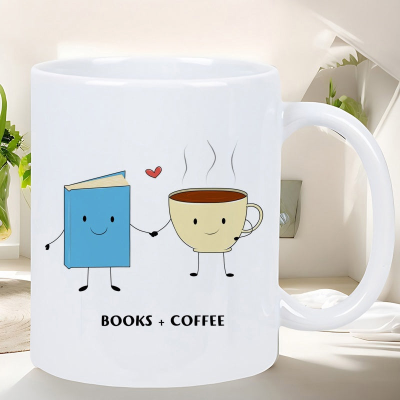 Tailorly White Ceramic 11 oz Mug - Books Coffee Cute Personified Book Holding Hands With A Steaming Coffee Cup Character