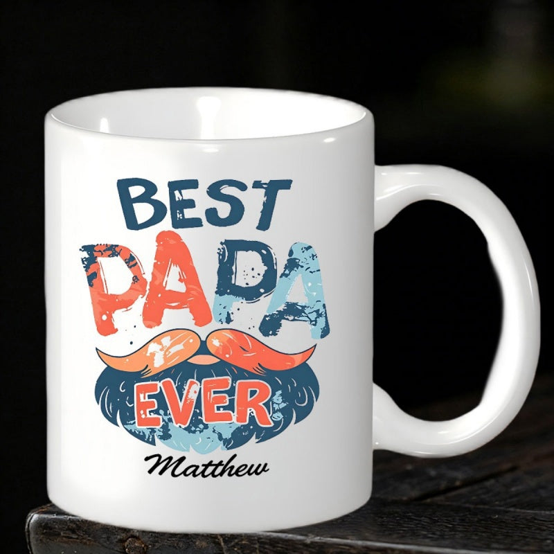 Tailorly White Ceramic 11 oz Mug - Best Papa Ever Matthew Distressed Vintage Style Lettering With A Colorful Mustache And Thick Blue Beard