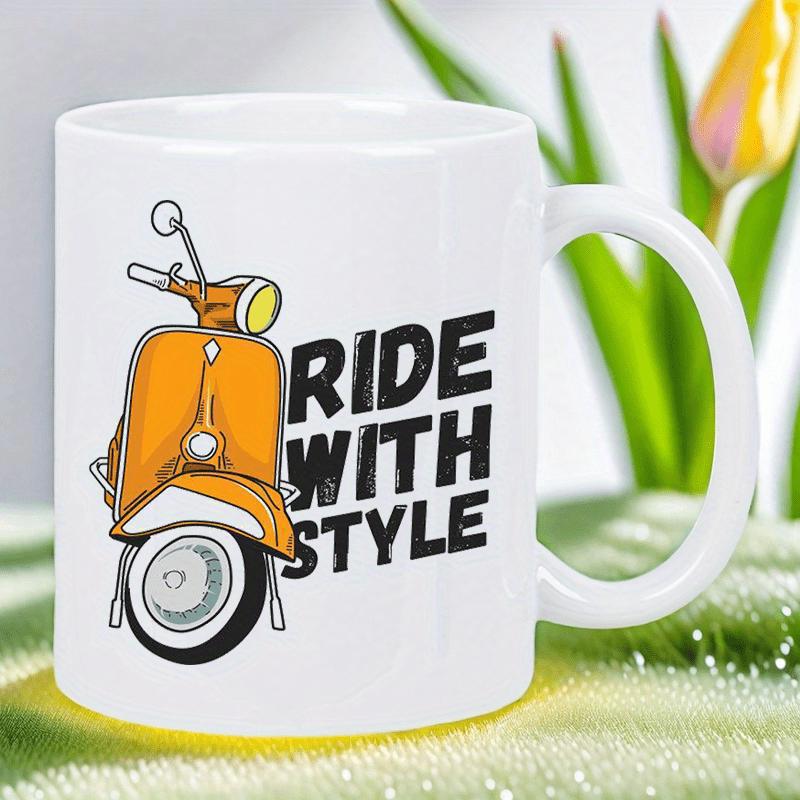Tailorly White Ceramic 11 oz Mug - Ride With Style Vintage Orange Motor Scooter Parked On White Surface Featuring Classic Scooter