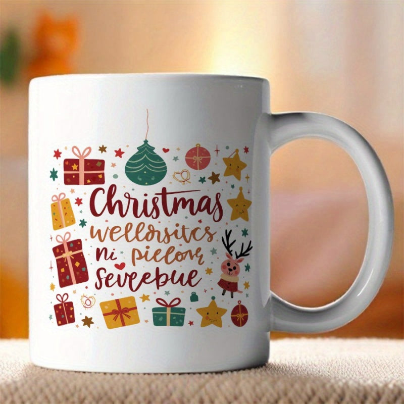 Tailorly White Ceramic 11 oz Mug - Christmas Festive Presents With Stars And Cute Reindeer Among Colorful Hanging Ornaments Pattern