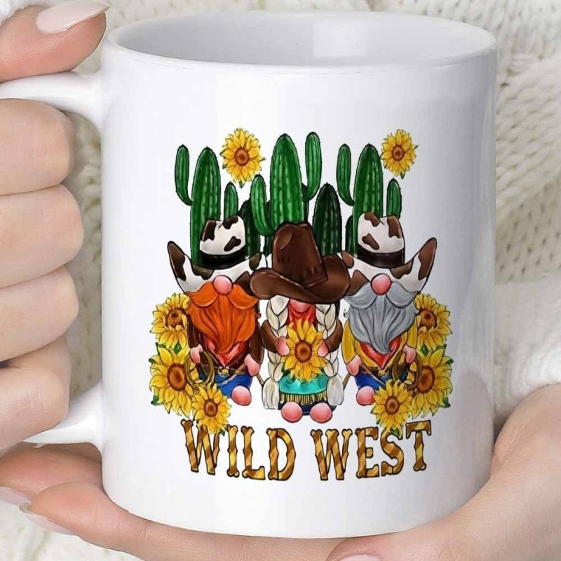 Tailorly White Ceramic 11 oz Mug - Wild West Three Adorable Cowboy Gnomes Wearing Western Hats Among Desert Cacti And Sunflowers Gnomes