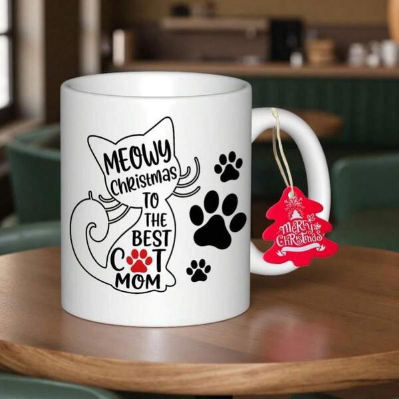 Tailorly White Ceramic 11 oz Mug - Meowy Christmas To The Best Cat Mom Adorable Silhouette Design Featuring Stylized Paw Prints And Playful Outlines Cat