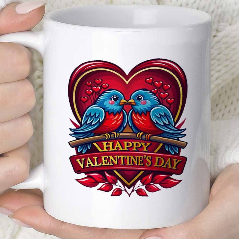 Tailorly White Ceramic 11 oz Mug - Happy Valentine's Day Two Loving Blue Birds Perched On Branch Under Radiant Crimson Heart Bird