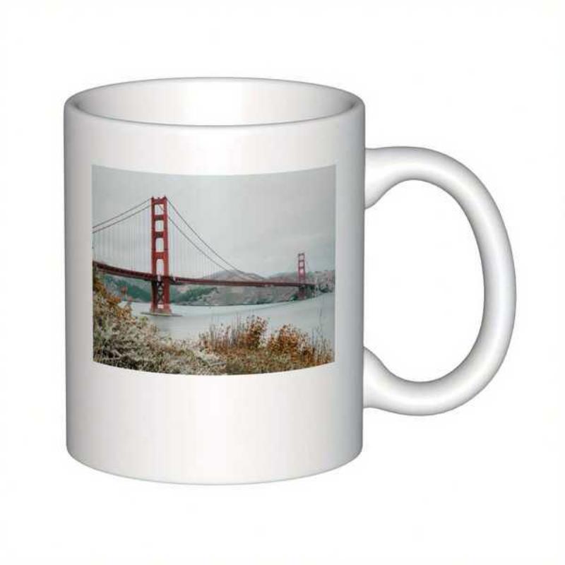 Tailorly White Ceramic 11 oz Mug - Majestic Red Steel Structure Spanning Across Misty Bay Waters Scenic Landscape Bridge