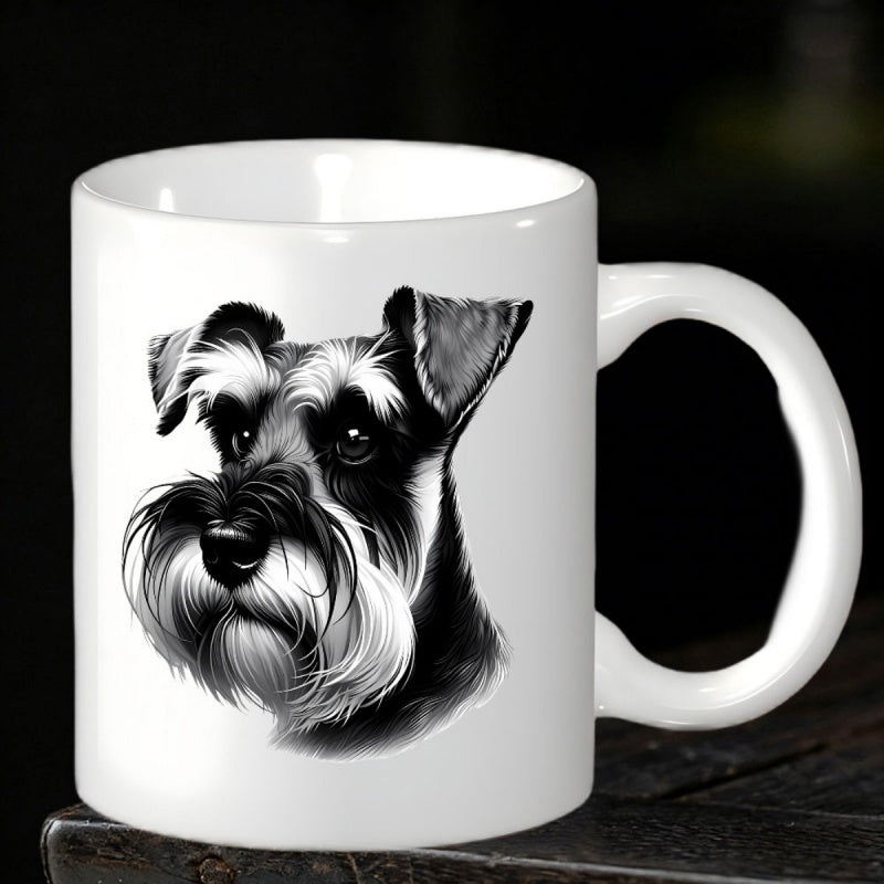 Tailorly White Ceramic 11 oz Mug - Monochromatic Realistic Portrait Featuring Shaggy Fur And Alert Ears Schnauzer