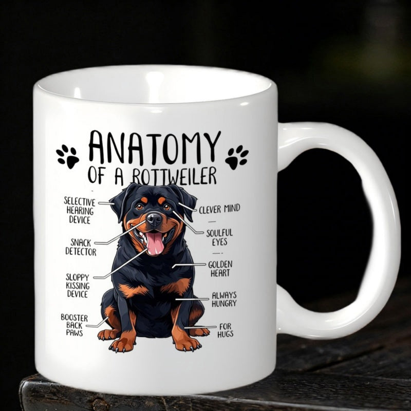 Tailorly White Ceramic 11 oz Mug - Anatomy Of A Rottweiler Sitting Black And Tan Dog With Cute Anatomy Descriptions And Paw Prints Rottweiler