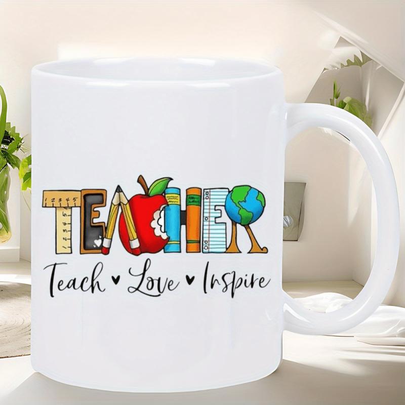 Tailorly White Ceramic 11 oz Mug - Teacher Teach Love Inspire Colorful Educational Elements With Pencil Apple And Globe Icon Mug
