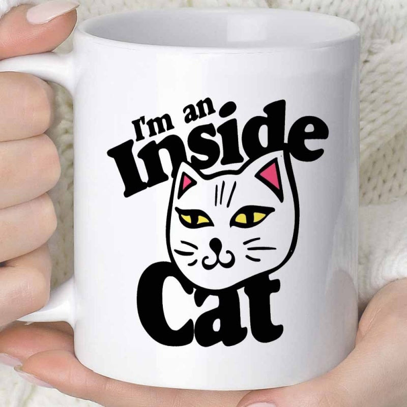Tailorly White Ceramic 11 oz Mug - Im An Inside Cat Minimalist Cartoon White Feline Face With Expressive Yellow Eyes Cat