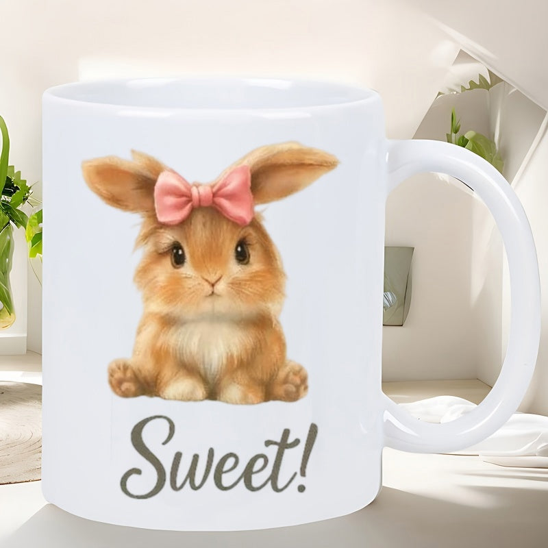 Tailorly White Ceramic 11 oz Mug - Sweet Charming Little Brown Rabbit Wearing A Delicate Pink Hair Bow Bunny