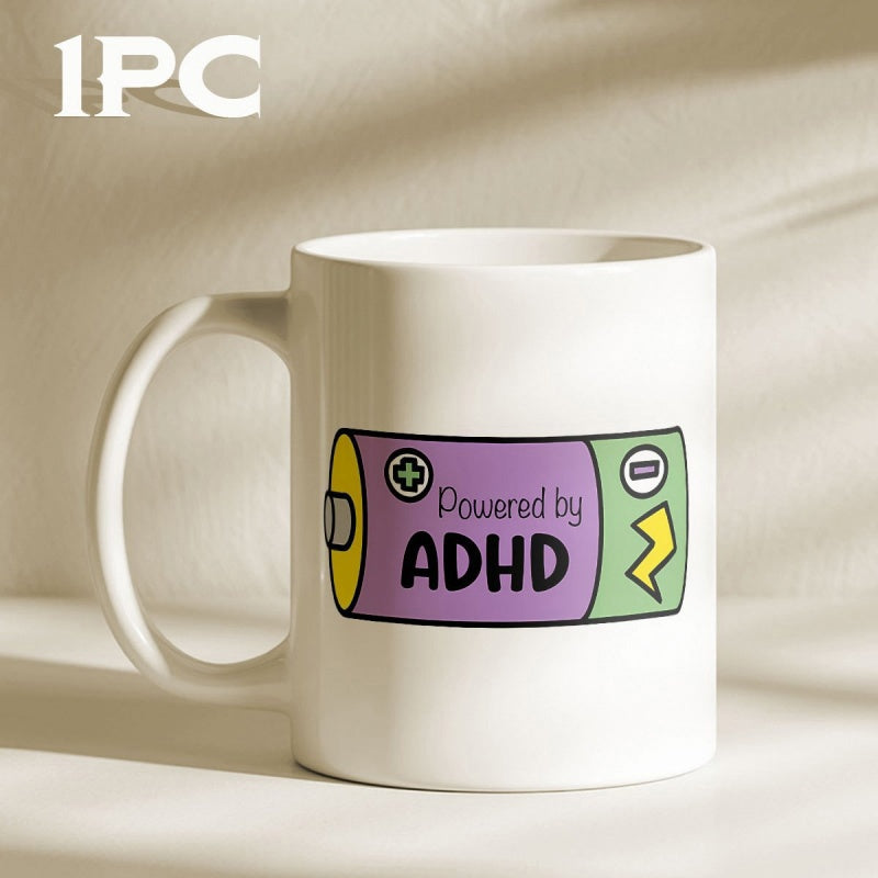 Tailorly White Ceramic 11 oz Mug - Powered By ADHD Vibrant Cartoon Illustration Featuring A Small Lightning Bolt Battery