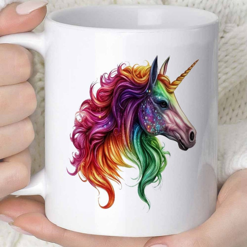 Tailorly White Ceramic 11 oz Mug - Majestic Rainbow Mane Flowing With Sparkling Magical Galaxy Details Unicorn