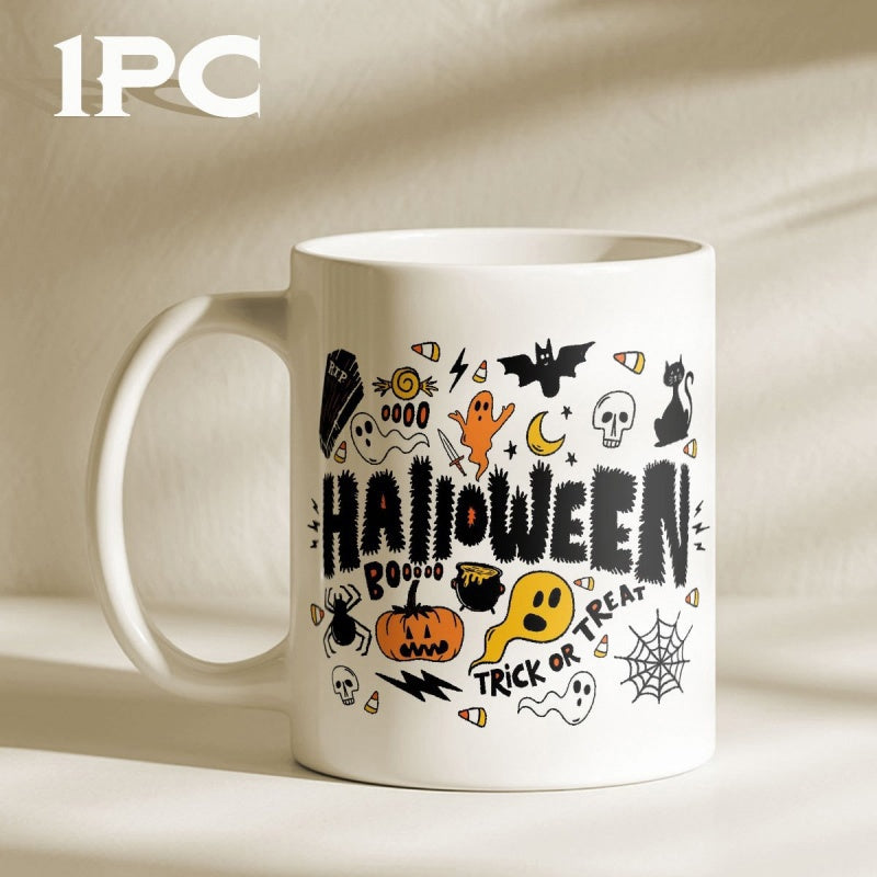 Tailorly White Ceramic 11 oz Mug - Halloween Booo Trick Or Treat Spooky Hand Drawn Doodles Featuring Cute Ghosts Bats And Classic Carved Pumpkin